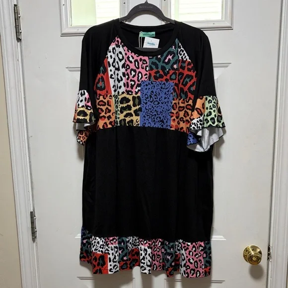 Colorful Leopard Print Ruffle-Sleeve Mini Dress - Black - Picture 1 of 7
